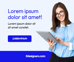 Woman holding a tablet ad
